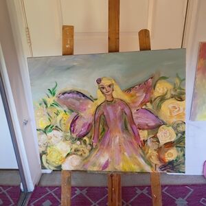 Hand-Painted Pink Fairy Floral Canvas - Original Home Art